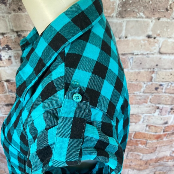 Millennium Plaid Tunic Button Down Short Sleeve Blue & Black Sz Large - Picture 8 of 9